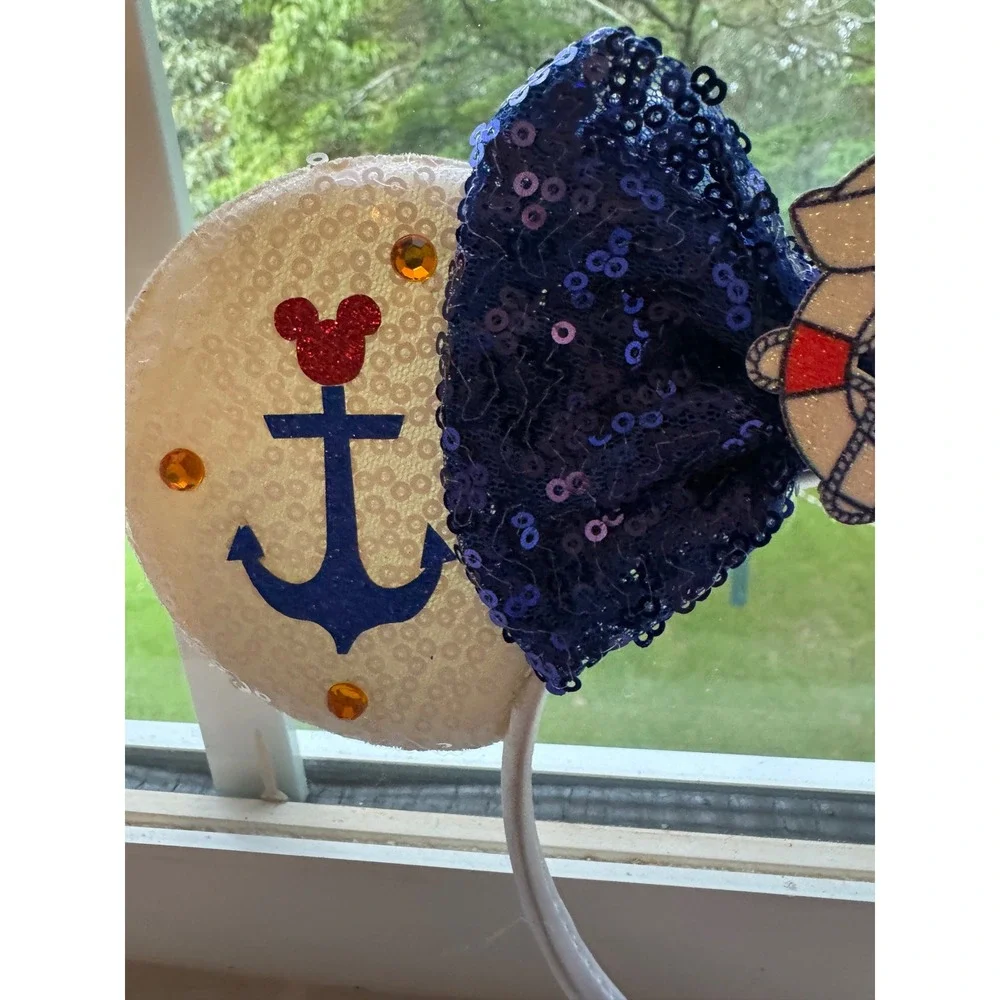Handmade Disney Cruise Inspired Nautical Mickey Mouse Ears Headband Sequin Bow